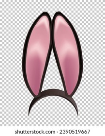 Rabbit ears realistic 3d vector illustration. Easter bunny ears kid headband, mask. Hare costume black and pink element. Photo editor, booth, video chat app isolated on transparent background.
