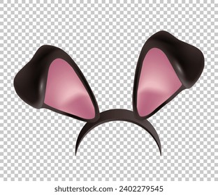 Rabbit ears realistic 3d vector illustration. Easter bunny ears kid headband, mask. Hare costume black and pink element. Photo editor, booth, video chat app isolated on transparent background.