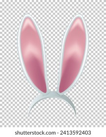 Rabbit ears realistic 3d vector illustration. Easter bunny ears kid headband, mask. Hare costume white and pink element. Photo editor, booth, video chat app isolated on transparent background.