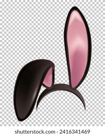 Rabbit ears realistic 3d vector illustration. Easter bunny ears kid headband, mask. Hare costume black and pink element. Photo editor, booth, video chat app isolated on transparent background.