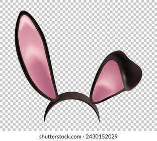 Rabbit ears realistic 3d vector illustration. Easter bunny ears kid headband, mask. Hare costume black and pink element. Photo editor, booth, video chat app isolated on transparent background.