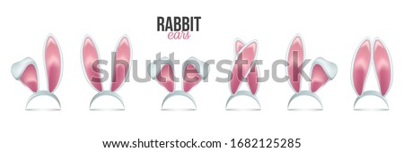 Rabbit ears realistic 3d vector illustrations set. Easter bunny ears kid headband, mask collection. Hare costume pink cartoon element. Photo editor, booth, video chat app color isolated cliparts