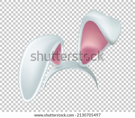 Rabbit ears realistic 3d vector illustration. Easter bunny ears kid headband, mask. Hare costume white and pink element. Photo editor, booth, video chat app isolated on transparent background.