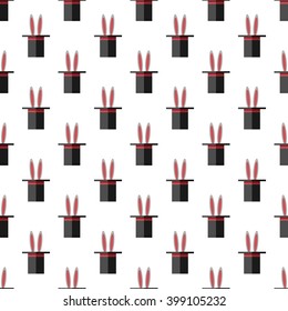 Rabbit ears showing from magician's black hat seamless pattern isolated on white background. EPS 8 vector illustration, no transparency
