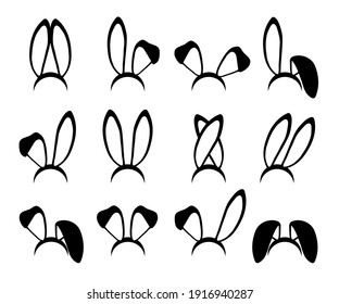Rabbit ears silhouettes vector illustrations set. Easter bunny ears kid headband, mask collection. Hare costume contour cartoon element. Photo editor, booth, video chat app black isolated cliparts