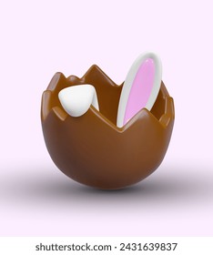 Rabbit ears stick out of half chocolate egg. Find Easter Bunny. Cute vector concept in children