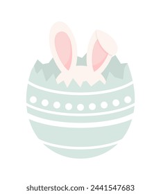 Rabbit ears sticking out of a broken Easter egg, isolated on a white background. Flat vector illustration