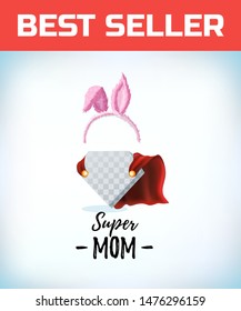 Rabbit ears. Super mom. Supermom logo. Mother day concept. Card for Mom. Comic style. Cartoon Vector illustration.