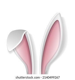 Rabbit ears. Voluminous white ears of the Easter Bunny. Funny cartoon illustration for greeting card or banner. Vector template isolated on white background