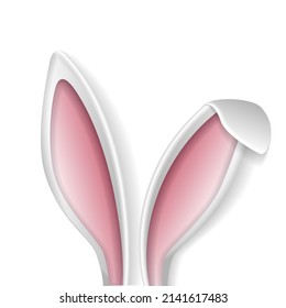 Rabbit ears. Voluminous white ears of the Easter Bunny. Funny cartoon illustration for greeting card or banner. Vector template isolated on white background