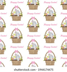 Rabbit in easter basket with eggs seamless pattern on the white background.