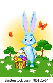 rabbit easter basket wicker eggs painted keeps gift custom symbol holiday blue background white cartoon style green lawn flowers trees sunlight trees