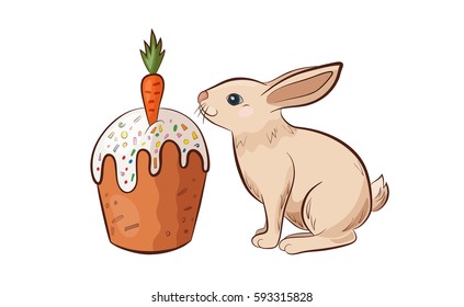 Rabbit and Easter cake with carrot on white background.