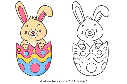 Rabbit in the Easter egg coloring book with coloring example for kids. Coloring page with cute bunny. Black and white and color version. Vector children's illustration.