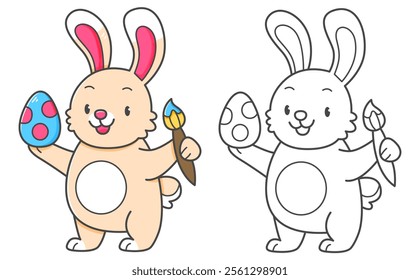 Rabbit with Easter egg coloring book with coloring example for kids. Coloring page with cute bunny. Black and white and color version. Vector children's illustration.