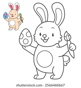 Rabbit with Easter egg coloring book with coloring example for kids. Coloring page with cute bunny. Black and white and color version. Vector children's illustration.