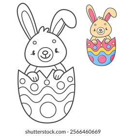 Rabbit in the Easter egg coloring book with coloring example for kids. Coloring page with cute bunny. Black and white and color version. Vector children's illustration.