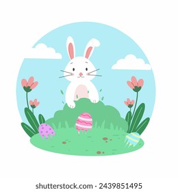 Rabbit with easter egg, egg hunt rabbit illustration, easter egg hunt cartoon, bunny with easter egg