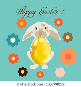 Rabbit with an Easter egg on a background of flowers.