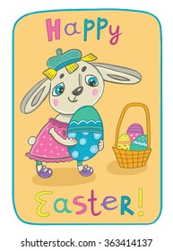 Rabbit with Easter egg. Postcard with inscription "Happy Easter"