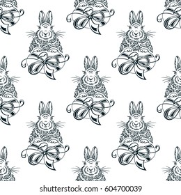 Rabbit Easter egg seamless pattern. Hand drawn rabbit. Silhouette egg with festive ribbon. Gift. Vector illustration.