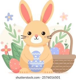 Rabbit and Easter eggs in a basket vector image