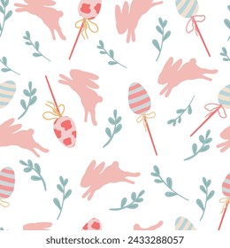 Rabbit easter eggs flat design seamless pattern