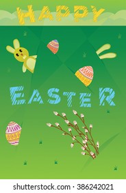 Rabbit and easter eggs on meadow 