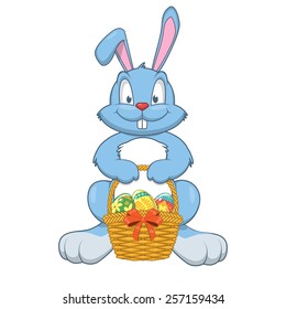 Rabbit with Easter gifts in a basket. Design element isolated on white. Eps 10 vector illustration.