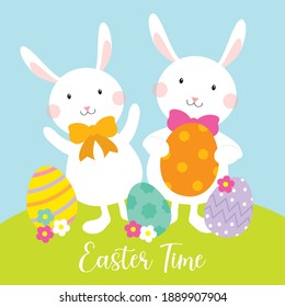 rabbit easter greeting card design on blue color background