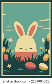 rabbit easter. Happy Easter! Easter bunnies and egg in field vector flat color illustration for invitation greeting card