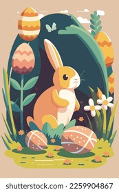 rabbit easter. Happy Easter! Easter bunnies and egg in field vector flat color illustration for invitation greeting card