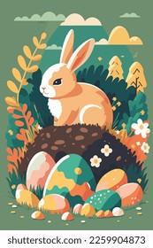 Pascua de conejo. ¡Feliz Pascua! Conjuntos de pascua y huevo en campo vectorial ilustración de color plano para tarjeta de saludo de invitación