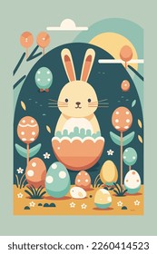 rabbit easter. Happy Easter! Easter bunnies and egg in field vector flat color illustration for invitation greeting card