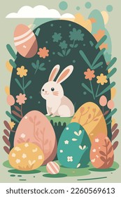 rabbit easter. Happy Easter! Easter bunnies and egg in field vector flat color illustration for invitation greeting card