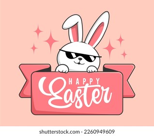 Rabbit Easter Happy Easter Day - Cute Bunny Easter Label with Sunglasses
