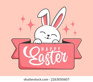 Rabbit Easter Happy Easter Day - Cute Bunny Easter Label with Love