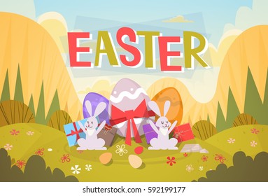 Rabbit Easter Holiday Bunny Decorated Eggs Greeting Card Flat Vector Illustration