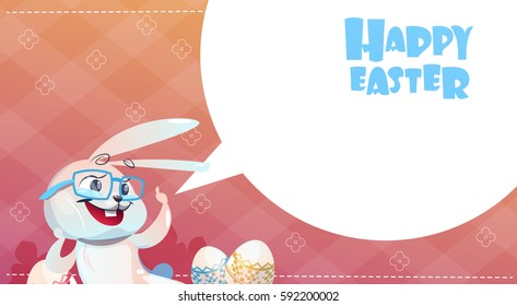 Rabbit Easter Holiday Bunny Decorated Eggs Greeting Card Flat Vector Illustration