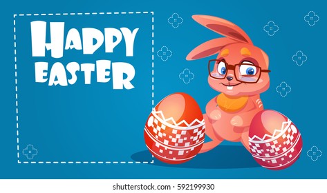 Rabbit Easter Holiday Bunny Hold Decorated Eggs Greeting Card Flat Vector Illustration