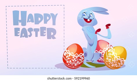 Rabbit Easter Holiday Bunny Hold Decorated Eggs Greeting Card Flat Vector Illustration