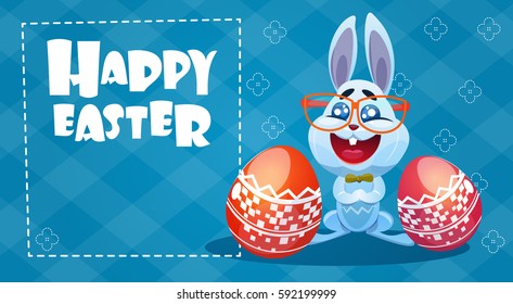 Rabbit Easter Holiday Bunny Hold Decorated Eggs Greeting Card Flat Vector Illustration