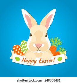 Rabbit easter label with ribbon decorative eggs and carrots vector illustration