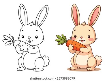The Rabbit is eating a carrot Line Art Vector Outline Illustration Black and White with Coloring Sample. Bold and Easy Frost and Wild Animal Coloring Pages for Adults and Kids.