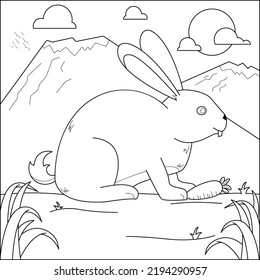 Rabbit eating carrots in the garden suitable for children's coloring page vector illustration