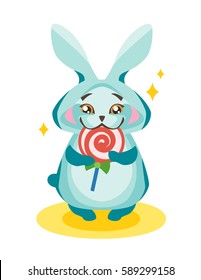 Rabbit eating a lollipop.