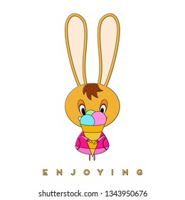 Rabbit eats ice cream. Easter bunny enjoying a spring walk. Vector illustration.