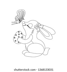 Rabbit with egg and butterfly outline on the white background. Vector illustration