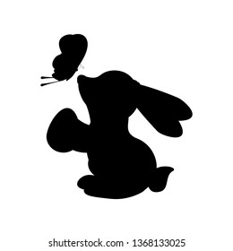Rabbit with egg and butterfly silhouette on the white background. Vector illustration