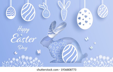 Rabbit and Egg illustration banner card design in easter day. Poster and postcard spring flowers art cartoon, Floral and butterfly and easter bunny in paper art ,paper cut, style. Vector illustration.